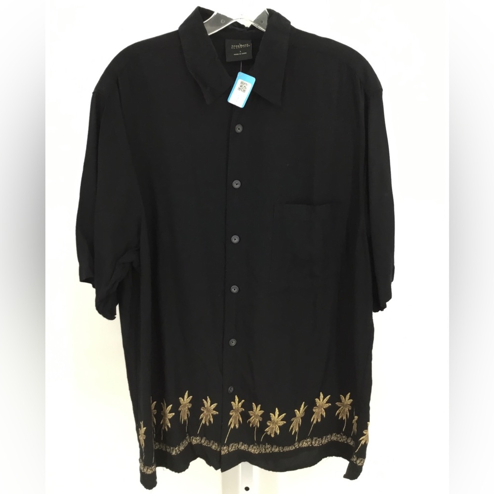 Cambridge Classics black mens med Hawaiian shirt Rayon palm tree EUC Size L
